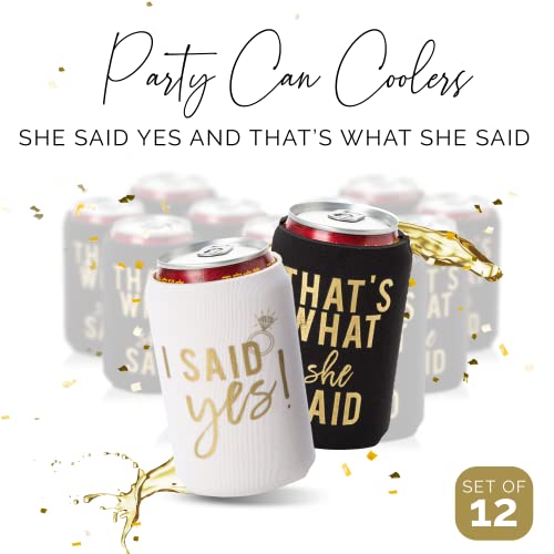 I Said Yes and That's What She Said Bachelorette Party Can Coolers, Set of 12 Beer Can Coolies, Perfect Bachelorette Party Decorations and Bridesmaid Gifts (Black)