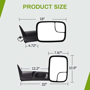 AUTOSAVER88 Tow Mirrors Compatible with 1994 1995 1996 1997 Dodge Ram 1500 2500 3500, Flip Up Non-Heated Towing Mirrors with Power Adjusted Plane Mirror and Manual Convex Dual Glass Left+Right