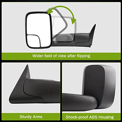 AUTOSAVER88 Tow Mirrors Compatible with 1994 1995 1996 1997 Dodge Ram 1500 2500 3500, Flip Up Non-Heated Towing Mirrors with Power Adjusted Plane Mirror and Manual Convex Dual Glass Left+Right