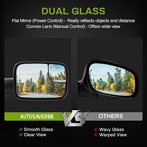 AUTOSAVER88 Tow Mirrors Compatible with 1994 1995 1996 1997 Dodge Ram 1500 2500 3500, Flip Up Non-Heated Towing Mirrors with Power Adjusted Plane Mirror and Manual Convex Dual Glass Left+Right