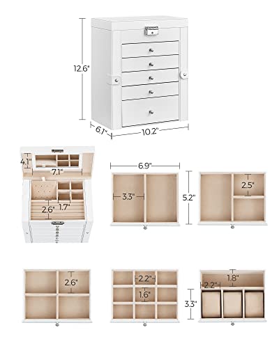 SONGMICS 6 Tier Jewelry Box, Jewelry Case with 5 Drawers, Large Storage Capacity, with Mirror, Lockable, Jewelry Storage Organizer, Gift for Loved Ones, For Watches, White UJBC152W01