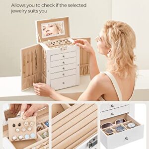 SONGMICS 6 Tier Jewelry Box, Jewelry Case with 5 Drawers, Large Storage Capacity, with Mirror, Lockable, Jewelry Storage Organizer, Gift for Loved Ones, For Watches, White UJBC152W01