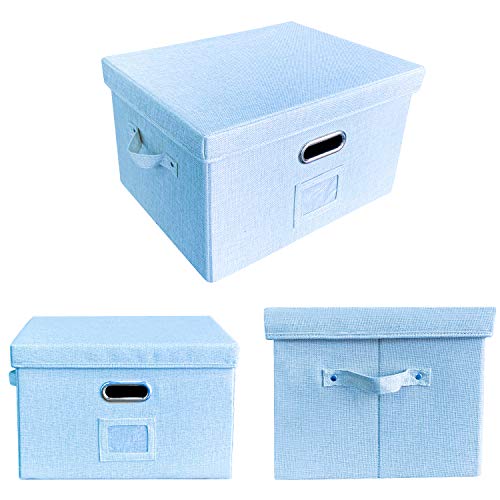 JSungo File Box with 5 Hanging Filing Folders, Document Organizer Storage for Office, Collapsible Linen Storage Box with Lids, Home Portable Storage with Handle, Letter Size Legal Folder, Blue