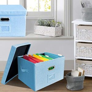 JSungo File Box with 5 Hanging Filing Folders, Document Organizer Storage for Office, Collapsible Linen Storage Box with Lids, Home Portable Storage with Handle, Letter Size Legal Folder, Blue