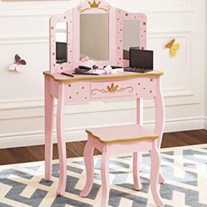 UTEX Pretend Play Kids Vanity Table and Chair Vanity Set with Mirror Makeup Dressing Table with Drawer，Play Vanity Set,Pink