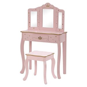 UTEX Pretend Play Kids Vanity Table and Chair Vanity Set with Mirror Makeup Dressing Table with Drawer，Play Vanity Set,Pink