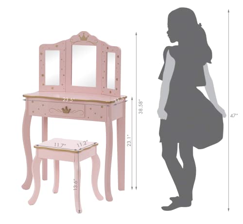 UTEX Pretend Play Kids Vanity Table and Chair Vanity Set with Mirror Makeup Dressing Table with Drawer，Play Vanity Set,Pink