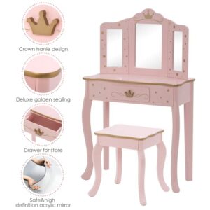 UTEX Pretend Play Kids Vanity Table and Chair Vanity Set with Mirror Makeup Dressing Table with Drawer，Play Vanity Set,Pink