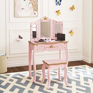 UTEX Pretend Play Kids Vanity Table and Chair Vanity Set with Mirror Makeup Dressing Table with Drawer，Play Vanity Set,Pink