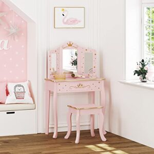 UTEX Pretend Play Kids Vanity Table and Chair Vanity Set with Mirror Makeup Dressing Table with Drawer，Play Vanity Set,Pink