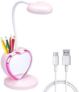 led desk lamp, cute pink desk lamp with usb charging port/pen holder and phone stand, touch control reading lamp with 2 color modes,eye-caring study table lamp for kids girls college dorm bedroom