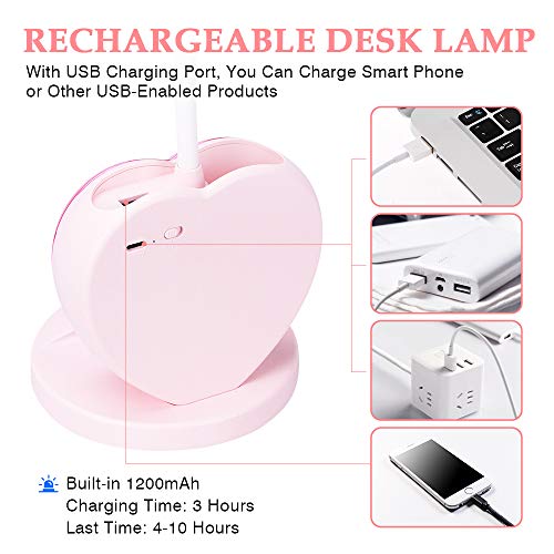 LED Desk Lamp, Cute Pink Desk Lamp with USB Charging Port/Pen Holder and Phone Stand, Touch Control Reading Lamp with 2 Color Modes,Eye-Caring Study Table Lamp for kids Girls College Dorm Bedroom