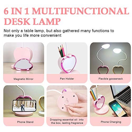 LED Desk Lamp, Cute Pink Desk Lamp with USB Charging Port/Pen Holder and Phone Stand, Touch Control Reading Lamp with 2 Color Modes,Eye-Caring Study Table Lamp for kids Girls College Dorm Bedroom