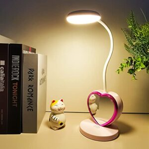 LED Desk Lamp, Cute Pink Desk Lamp with USB Charging Port/Pen Holder and Phone Stand, Touch Control Reading Lamp with 2 Color Modes,Eye-Caring Study Table Lamp for kids Girls College Dorm Bedroom