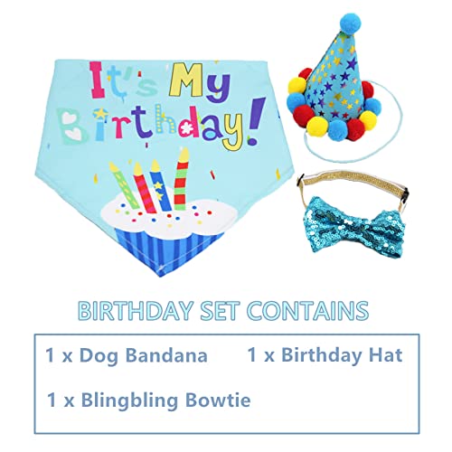 ADOGGYGO Dog Birthday Bandana Scarf and Dog Girl Boy Birthday Party Hat with Cute Dog Bow Tie for Small Medium Large Dog Pet (Large, Blue)