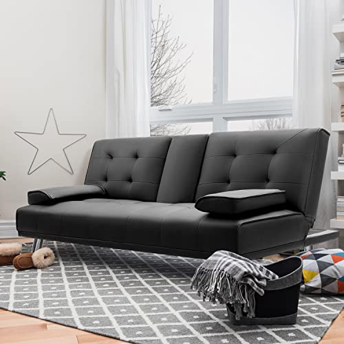 VICTONE Futon Sofa Bed Modern Faux Leather Couch Bed Convertible Folding Recliner for Living Room with 2 Cup Holders and Armrest (Black)