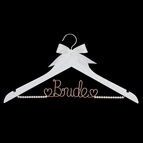 Ella Celebration Bride to Be Wedding Dress Hanger Wooden and Wire Hangers for Brides Gowns, Dresses (White with Rose Gold Wire and Pearls)