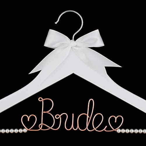 Ella Celebration Bride to Be Wedding Dress Hanger Wooden and Wire Hangers for Brides Gowns, Dresses (White with Rose Gold Wire and Pearls)