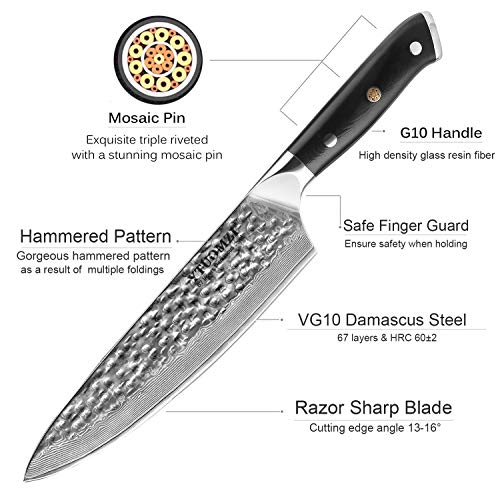 Damascus Kitchen Knife, 8 Inch Japanese Chefs Knife VG 10 Damascus Steel Knife High Carbon 67-Layer Chopping Knife, Meat Sushi Fruit Vegetable Cutting Gyuto Knife with Ergonomic G10 Handle