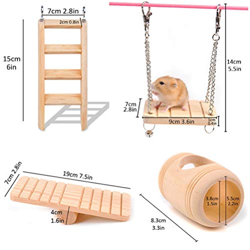 Feltsky Hamster Toys and Accessories 4 in 1 - Ladder, Swing, Barrel, Seesaw - Natural Wooden Pine - Chew Toys Gerbil Rat Guinea Pig Chinchilla Chew Toys Accessories