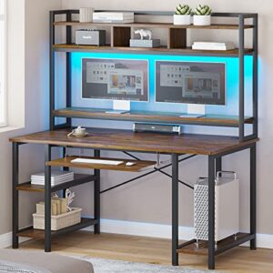 sedeta computer desk, 55" gaming desk with led lights and hutch, computer desk with storage shelves, keyboard tray & monitor stand, home office desk, gamer desk pc table, rustic brown