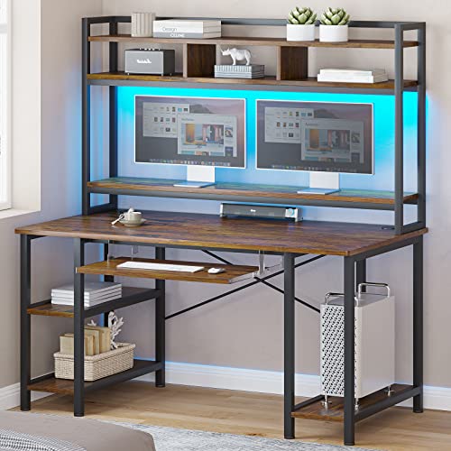 SEDETA Computer Desk, 55" Gaming Desk with LED Lights and Hutch, Computer Desk with Storage Shelves, Keyboard Tray & Monitor Stand, Home Office Desk, Gamer Desk PC Table, Rustic Brown