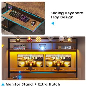 SEDETA Computer Desk, 55" Gaming Desk with LED Lights and Hutch, Computer Desk with Storage Shelves, Keyboard Tray & Monitor Stand, Home Office Desk, Gamer Desk PC Table, Rustic Brown