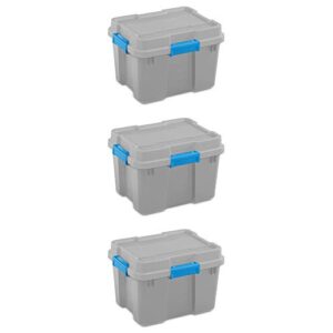 sterilite 18336a03 30 gallon heavy duty plastic storage container box with lid and latches, grey/blue (3 pack)