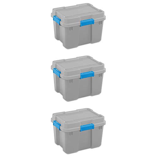 Sterilite 18336A03 30 Gallon Heavy Duty Plastic Storage Container Box with Lid and Latches, Grey/Blue (3 Pack)