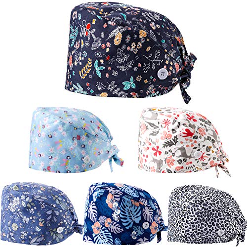 6 Pieces Scrub Caps with Buttons Women Working Cap Adjustable Sweatband Bouffant Hats (Floral Pattern) Multicoloured