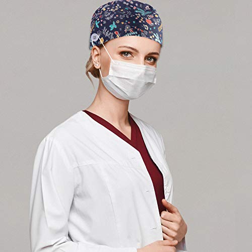 6 Pieces Scrub Caps with Buttons Women Working Cap Adjustable Sweatband Bouffant Hats (Floral Pattern) Multicoloured