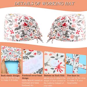 6 Pieces Scrub Caps with Buttons Women Working Cap Adjustable Sweatband Bouffant Hats (Floral Pattern) Multicoloured