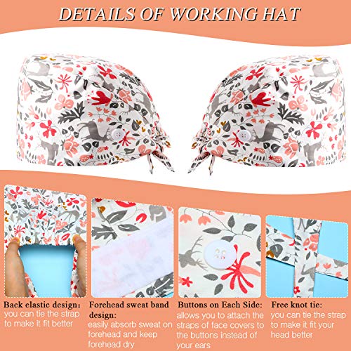 6 Pieces Scrub Caps with Buttons Women Working Cap Adjustable Sweatband Bouffant Hats (Floral Pattern) Multicoloured