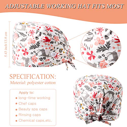 6 Pieces Scrub Caps with Buttons Women Working Cap Adjustable Sweatband Bouffant Hats (Floral Pattern) Multicoloured