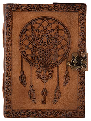 Leather Journal 7 x 5 Inch 220 Page Journal, Vintage Owl Embossed Blank Book, Sketchbook, Notebook Leather Journal (Handmade Unlined Paper) - Pocket style with Lock Closure for Men and Women (Vintage Tan - Plain Paper) (7 x 5 Inch, TC Leather)