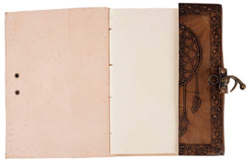 Leather Journal 7 x 5 Inch 220 Page Journal, Vintage Owl Embossed Blank Book, Sketchbook, Notebook Leather Journal (Handmade Unlined Paper) - Pocket style with Lock Closure for Men and Women (Vintage Tan - Plain Paper) (7 x 5 Inch, TC Leather)