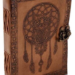 Leather Journal 7 x 5 Inch 220 Page Journal, Vintage Owl Embossed Blank Book, Sketchbook, Notebook Leather Journal (Handmade Unlined Paper) - Pocket style with Lock Closure for Men and Women (Vintage Tan - Plain Paper) (7 x 5 Inch, TC Leather)