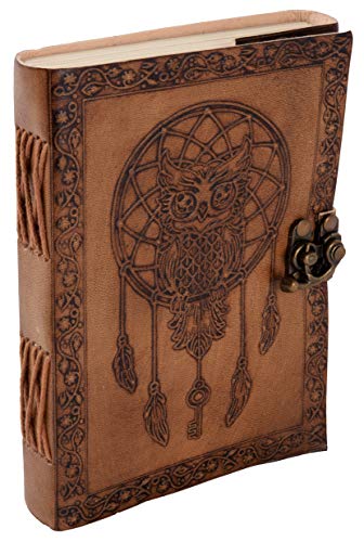 Leather Journal 7 x 5 Inch 220 Page Journal, Vintage Owl Embossed Blank Book, Sketchbook, Notebook Leather Journal (Handmade Unlined Paper) - Pocket style with Lock Closure for Men and Women (Vintage Tan - Plain Paper) (7 x 5 Inch, TC Leather)