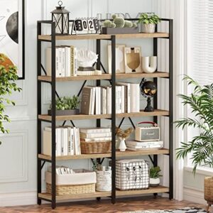 fatorri bookshelf, industrial 5 tier, rustic wood etagere bookcase, metal tall book shelf with large open shelving unit (rustic oak, 51 inch wide)