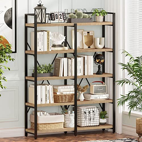 FATORRI Bookshelf, Industrial 5 Tier, Rustic Wood Etagere Bookcase, Metal Tall Book Shelf with Large Open Shelving Unit (Rustic Oak, 51 Inch Wide)