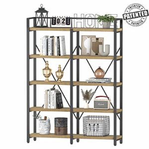 FATORRI Bookshelf, Industrial 5 Tier, Rustic Wood Etagere Bookcase, Metal Tall Book Shelf with Large Open Shelving Unit (Rustic Oak, 51 Inch Wide)