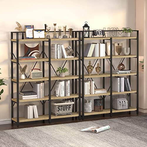 FATORRI Bookshelf, Industrial 5 Tier, Rustic Wood Etagere Bookcase, Metal Tall Book Shelf with Large Open Shelving Unit (Rustic Oak, 51 Inch Wide)