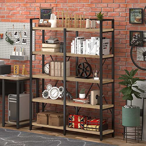 FATORRI Bookshelf, Industrial 5 Tier, Rustic Wood Etagere Bookcase, Metal Tall Book Shelf with Large Open Shelving Unit (Rustic Oak, 51 Inch Wide)