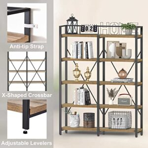 FATORRI Bookshelf, Industrial 5 Tier, Rustic Wood Etagere Bookcase, Metal Tall Book Shelf with Large Open Shelving Unit (Rustic Oak, 51 Inch Wide)