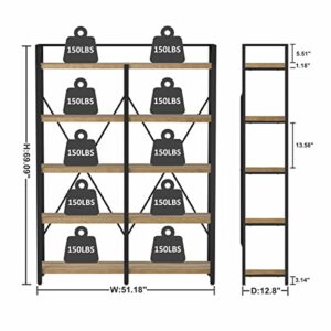 FATORRI Bookshelf, Industrial 5 Tier, Rustic Wood Etagere Bookcase, Metal Tall Book Shelf with Large Open Shelving Unit (Rustic Oak, 51 Inch Wide)