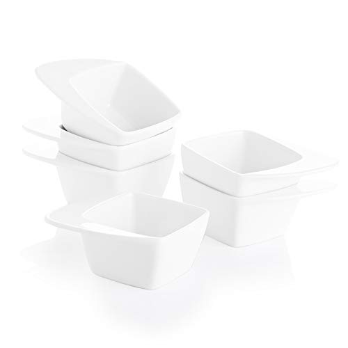 SWEEJAR Porcelain Soy Sauce Dish, 3 Ounce Dipping Bowls with Handles for Ketchup, Appetizers, Condiment, Snack, Honey Mustard - Set of 6 (White, Square)