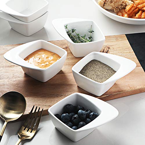 SWEEJAR Porcelain Soy Sauce Dish, 3 Ounce Dipping Bowls with Handles for Ketchup, Appetizers, Condiment, Snack, Honey Mustard - Set of 6 (White, Square)