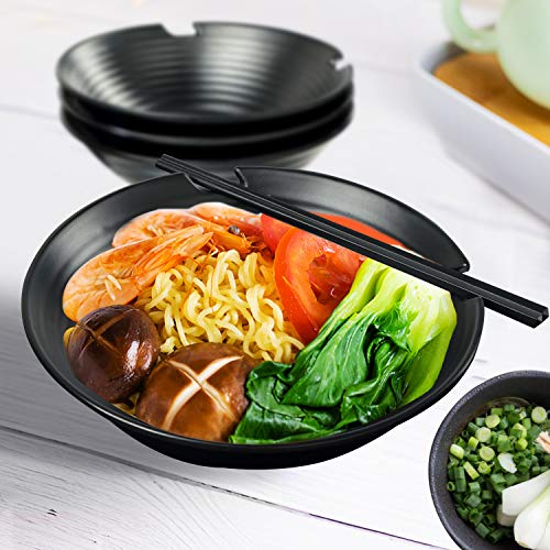 Set of 4 Ramen Bowl Set, 37 oz Melamine Large Japanese Style Noodle Soup Bowls Set with Spoons and Chopsticks for Ramen, Pho, Noodles, Asian Dishes Black