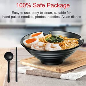 Set of 4 Ramen Bowl Set, 37 oz Melamine Large Japanese Style Noodle Soup Bowls Set with Spoons and Chopsticks for Ramen, Pho, Noodles, Asian Dishes Black