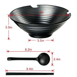 Set of 4 Ramen Bowl Set, 37 oz Melamine Large Japanese Style Noodle Soup Bowls Set with Spoons and Chopsticks for Ramen, Pho, Noodles, Asian Dishes Black